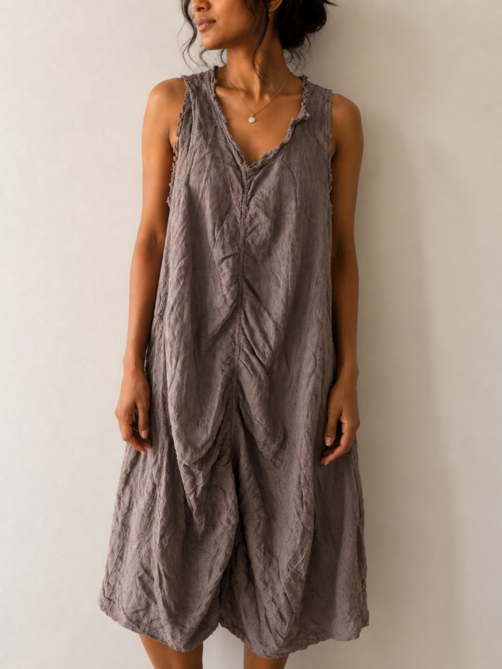 Yea Sleeveless Linen Ruched Front Dress Taupe, Size S-M